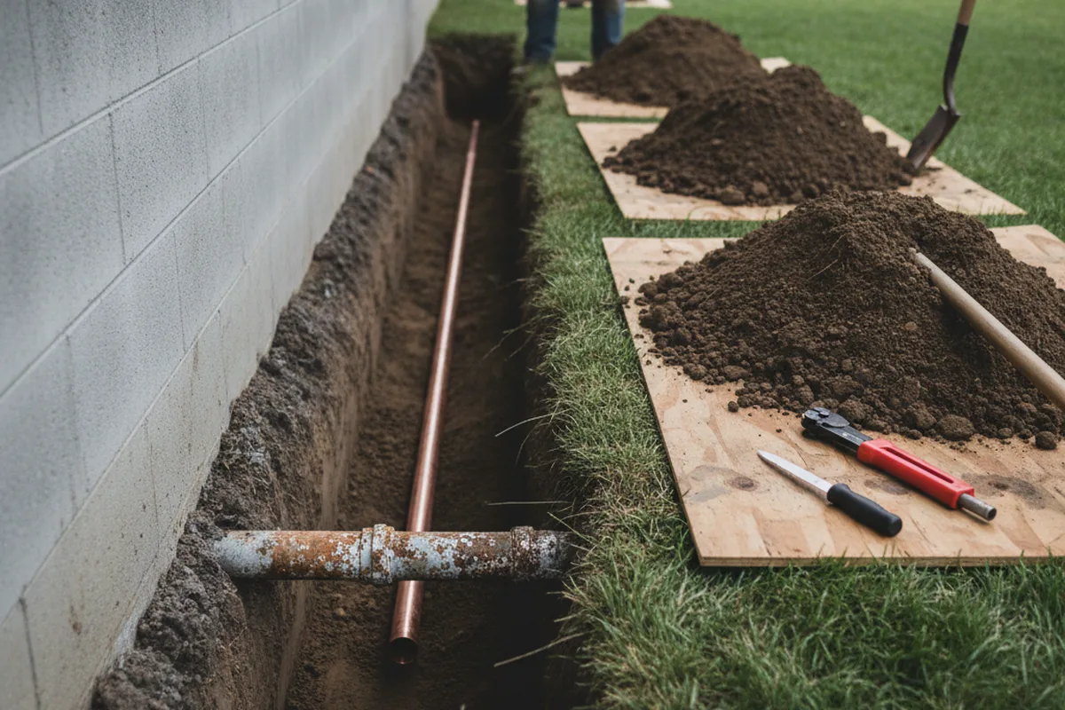 Excavated water line trench during Water Heater Repair in Forbes Road